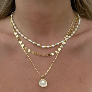 Summer Ocean Style Shell & Starfish Pearl Necklace, Gold Multi-Layer Chain with Imitation Pearls, 36+5cm Adjustable Beach Jewelry for Women