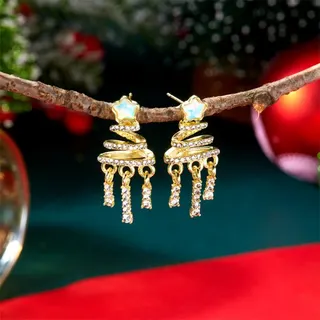 French Christmas Tree Dangle Earrings - 18K Gold Plated Alloy with Rhinestone & Red Gemstone, Water Drop Tassel Holiday Earrings for Women