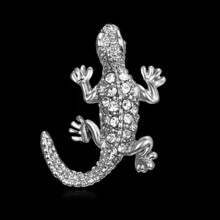 Lizard Rhinestone Brooch, Luxury Paved Alloy Animal Pin, White Gold Plated 3D Design, Vintage Statement Jewelry for Women, 2.6x1.8cm