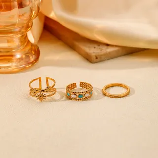 Stainless Steel Gold Open Adjustable Ring Set of 3 - Star & Moon Enamel Hollow Design, Hypoallergenic Tarnish-Free, Boho Stacking Rings for Women