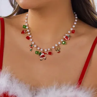Christmas Santa Reindeer Cane Pearl Necklace for Party