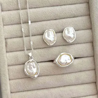 Vintage Irregular Pearl Necklace Earring Ring Set, Gold Alloy 18K Vacuum Plated, Bridal Party Jewelry Gift Set for Women