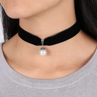 Vintage Pearl Drop Velvet Choker Necklace for Women - Black Suede Collar Chain with White Pearl Pendant, Adjustable 31+6cm, Elegant Minimalist Jewelry