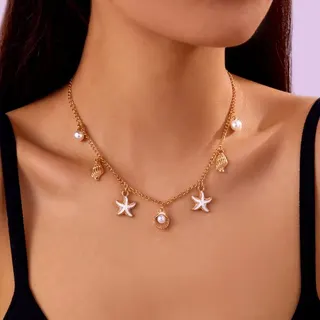 Ocean Starfish Pearl Shell Charm Necklace - Gold Plated Alloy Multi-Pendant Clavicle Chain, Adjustable 40+5cm, Beach Vacation Jewelry for Women