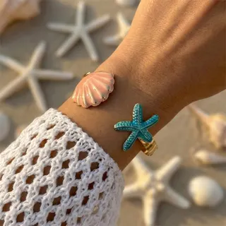 Summer Boho Sea Star & Shell Cuff Bracelet, 18K Gold Plated Iron with Enamel Drip Glaze, Ocean Wave Adjustable Open Bangle for Women, Beach Vacation Jewelry