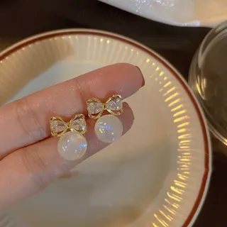 Butterfly Bow Stud Earrings with Opal Luster Pearl Drop, 18K Gold Plated Alloy & Zircon, Sweet French Style Jewelry for Women
