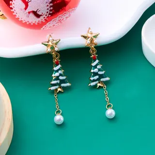 Christmas Tree Dangle Earrings for Women, Alloy 18K Gold Plated Enamel Holiday Drop Earrings, Festive Star & Tree Christmas Gift Jewelry, Pair