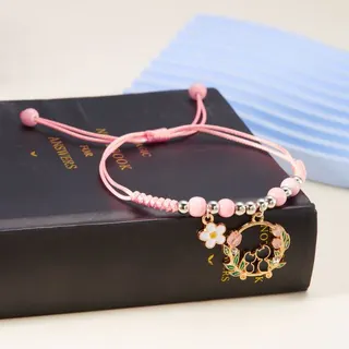 Pink Cat Flower Braided Bracelet - Adjustable Woven Cord with Enamel Cat Charm & Pearl Beads, 16-28cm, Cute Girly Jewelry Gift for Women Girls
