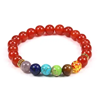 7 Chakra Red Agate Beaded Bracelet - Natural Stone Multi-Gem Elastic Stretch Bracelet for Women, Spiritual Energy Crystal Jewelry, 19.5cm