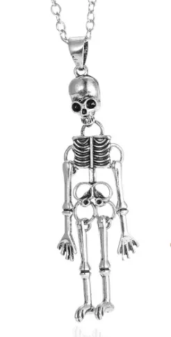 Vintage Gothic Skull Pendant Necklace, Punk Skeleton Charm Long Chain, Silver Plated Alloy Jewelry for Women, Halloween Party Accessory