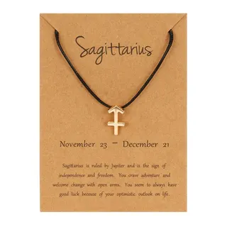 Sagittarius Zodiac Sign Necklace, Black Cord Adjustable Choker with Gold-Plated Alloy Arrow Pendant, Constellation Gift Card Included, Birthday Gift for Women