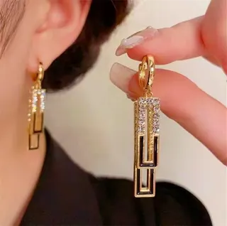 Vintage Geometric Rectangle Earrings, Rhinestone Inlay, 18K Gold Plated Alloy, French Luxury Dangle Earrings 4.5cm