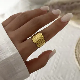 Vintage White Enamel Ring - Stainless Steel 18K Gold Plated Wide Band, Round Drip Glaze Statement Ring for Women, Hypoallergenic Stackable Jewelry