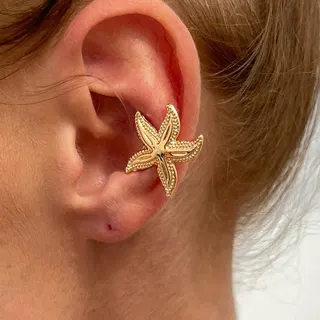 Starfish Ear Cuff No Piercing Needed, Gold Plated Alloy Earring with Micro Paved Rhinestones, Ocean Vacation Style Ear Clip 2x1cm