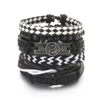 Men's Taoist Yin-Yang Bracelet Set - Wood Bead & Leather Braided Multi-Strand Wristband with Alloy Tai Chi Plate, Black & White, 9.4cm