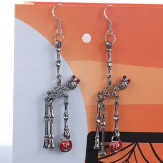 Halloween Skeleton Earrings for Women, Gothic Skull with Red Bow & Jack-o'-Lantern Dangle, Long Tassel Hook Earrings, Alloy with Rhinestone, Party Cosplay Jewelry