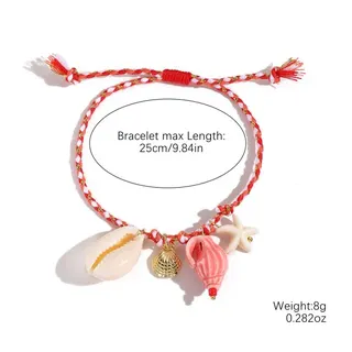 Summer Beach Shell Bracelet for Women, Red White Braided Cord with Ceramic Shell & Starfish Charm, Adjustable Boho Wristband, Vacation Beach Jewelry, 25cm/9.84in