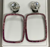 Luxury Geometric Rectangle Hoop Earrings, Alloy Silver Plated with Wine-Red Cubic Zirconia, Statement Dangle Earrings for Women Party Wedding