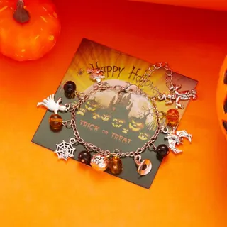 Halloween Charm Bracelet for Women - Pumpkin Spider Web Witch on Broom Multi-Charms Chain Beaded Bracelet, Alloy + Crystal, Silver, 17+5cm, Party Costume Jewelry
