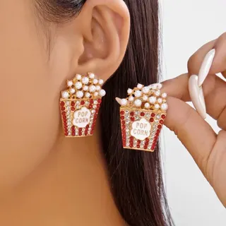 Popcorn Earrings 18K Gold Plated Alloy with Red Rhinestones & Pearl, 3D POP CORN Statement Earrings, Fun Retro Jewelry Pair