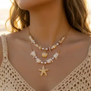 Boho Sea Star Shell Necklace Set - 2 Piece Layered Gold Plated Alloy Necklace with Crushed Shell & Pearl Beads, Beach Vacation Ocean Jewelry for Women