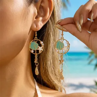 Seashell Starfish Dangle Earrings - Ocean Vacation Boho Drop Earrings, Gold Plated Alloy Enamel Shell & Starfish Design with Pearl Accents, Lightweight 2x8cm Summer Beach Jewelry for Women