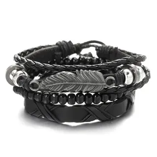 Men's Boho Feather Bracelet Set - Wood Bead & Leather Braided Wristband with Alloy Feather Charm, Multi-Layer Adjustable Black Bracelet Gift for Him