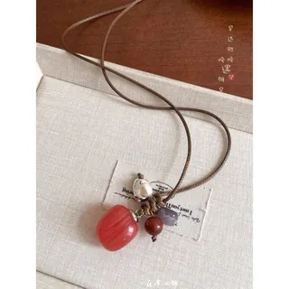 New Chinese Style Natural Stone Long Pendant Necklace - Pink Tiger Eye Teardrop with Handwoven Cord & Silver Beads, Vintage Boho Women's Jewelry (60cm)