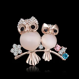 Owl Brooch Women, Double Owl on Branch with Cat's Eye Stone & Rhinestone, Rose Gold Plated Alloy Fashion Pin, 4.2x5cm