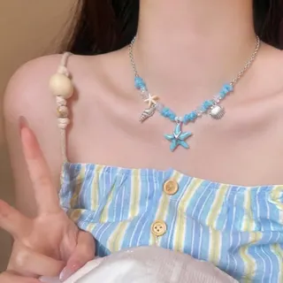 Summer Ocean Starfish Shell Necklace - Alloy & Crushed Stone Beaded Pendant, Boho Vacation Choker Chain 43+9cm Adjustable