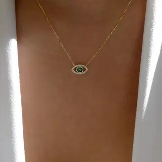 Evil Eye Necklace for Women, 18K Gold Plated Alloy with Micro Paved Zircon & Green Gemstone Pendant, Adjustable 40+5cm Clavicle Chain