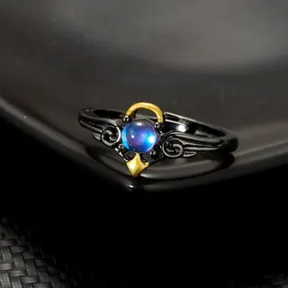 Gothic Demon Wings Ring for Couples, Gunmetal Black Alloy with Gold Accent & Iridescent Blue Stone, Adjustable Open Band Punk Y2K Statement Finger Ring