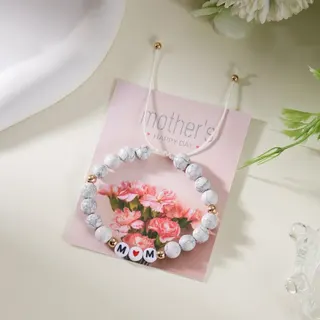 Pink Natural Stone Beaded Bracelet with MOM Heart Charm - Adjustable Mother's Day Gift Jewelry for Mom, with Card Packaging
