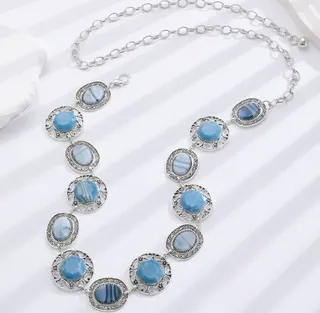 Bohemian Waist Chain for Women, Vintage Filigree Blue Chalcedony Inlay, Alloy Silver Plated, Adjustable 50.5+53cm, Vacation Beach Jewelry
