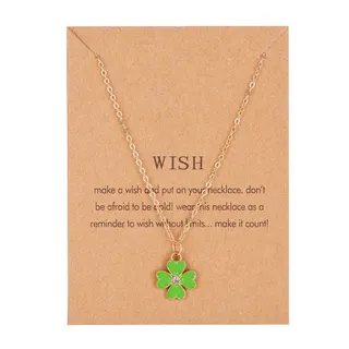Lucky Clover Necklace for Women, Green Enamel Four Leaf Clover Pendant with Rhinestone, 18K Gold Plated Alloy Chain 45+5cm, Wish Card Gift Packaging