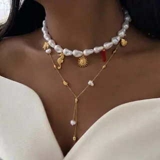 Summer Baroque Pearl Necklace with Seahorse Sun Charm, Double Layer Gold Plated Choker, French Vintage Ocean Style Clavicle Chain 35+5cm