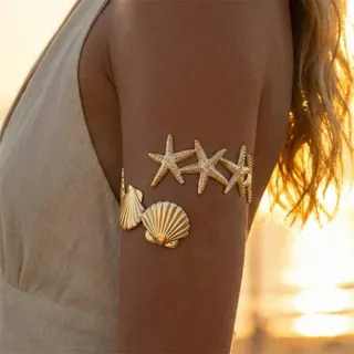 Summer Vacation Starfish Shell Arm Bracelet, Gold Plated Iron, 7cm Boho Beach Jewelry for Women