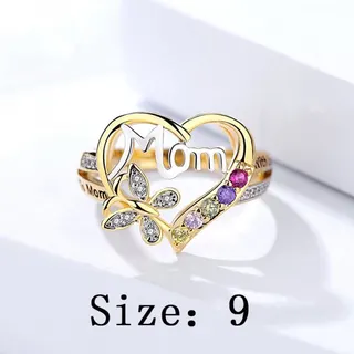 Mother's Day Mom Heart Butterfly Ring, 18K Gold Plated Alloy with Rhinestone & Color Gem, Open Band Size 9, Gift for Mom