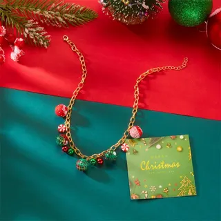 Christmas Snowflake Ball & Candy Bell Necklace, Alloy Electroplated, Red Green Festive Jewelry, 38+5cm Adjustable, Christmas Tree Ornament Gift