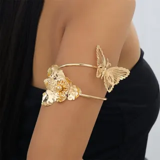 Gold Butterfly Flower Arm Cuff Bracelet - Adjustable Open Bangle with Hollowed Butterfly & Pearl-Set Bloom, 18K Gold Plated Iron, Statement Boho Jewelry for Women
