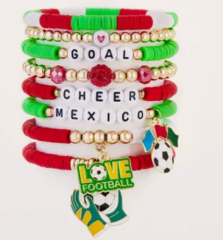 World Cup Soccer Bracelet Set Mexico Red Green White Beaded Bracelets GOAL CHEER MEXICO Letter Beads Football Heart Charm 7pcs Stackable Fan Gift