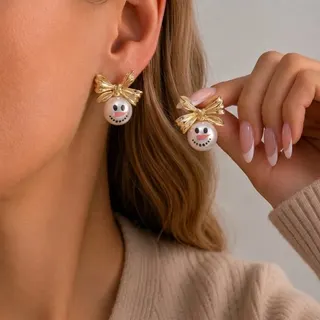 Christmas Snowman Earrings Gold Bow Cute Snowman Face Stud Earrings Alloy Enamel Holiday Gift for Women 2x1.8cm Pair