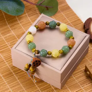Lotus Beaded Stretch Bracelet with Natural Sandalwood Lotus Pod Charm, Multi-Color Carved Lotus Resin Beads, Zen Boho Handmade Jewelry for Women