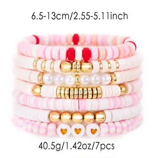 7pcs Pink Beaded Bracelet Set - Clay & Imitation Pearl Charm Bracelets with Gold Beads & Heart Beads, Adjustable 6.5-13cm, Sweet Kawaii Style for Women Girls