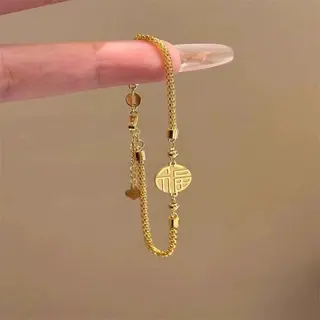 New Year Lucky Fu Bracelet, Chinese Style Openwork 'Fu' Charm, 18K Gold Plated Copper, Adjustable 15+3cm, Zodiac Lucky Gift for Women
