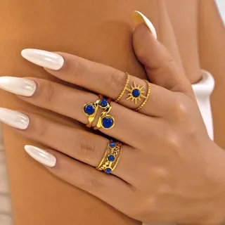 Vintage Starburst Ring Set of 3 - 18K Gold Plated Stainless Steel with Deep Blue Gemstone, Multi-Finger Stacking Rings for Women, Tarnish Free Hypoallergenic