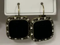 Vintage Square Earrings Women, Rhinestone Inlay Black Stone Geometric Hoop Earrings, Antique Gold Alloy Fashion Jewelry