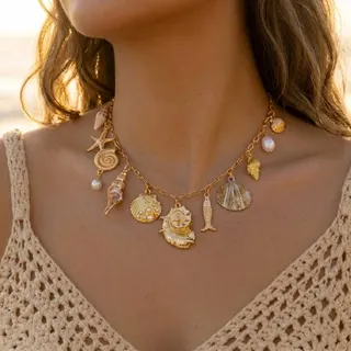 Boho Ocean Necklace for Women - Gold Shell Conch Fish Starfish Charm Necklace with Faux Pearl, Adjustable 38+5cm Beach Vacation Jewelry