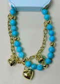 Blue Bead Bracelet with Gold Heart Charm - 18K Gold Plated Sweet Girl Beaded Bracelet with Engraved Heart Pendant