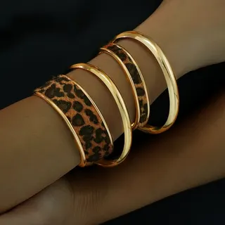 Leopard Print Bangle Set - 18K Gold Plated Alloy Stackable Cuff Bracelets, Open Wide Cuff Wild Luxury Jewelry for Women